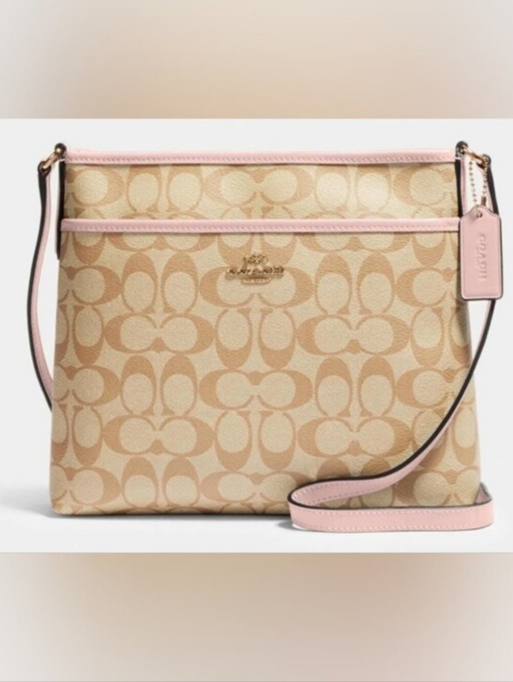 Coach Signature Khaki & Pink Crossbody Bag W/Gold Logo Brand New & Authentic